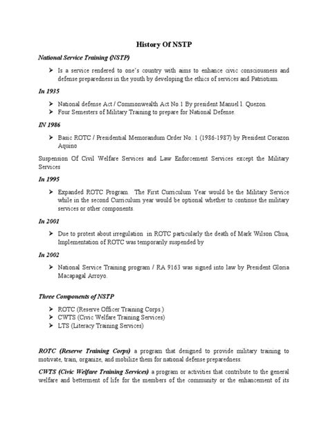 History of NSTP, Three Components of NSTP, Vision, .